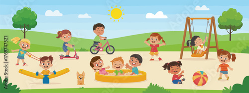 Children playing outdoors, playground activities, sunny day, sandbox fun, swing set, scooter ride, dog sitting, nature background, vector, cheerful scene