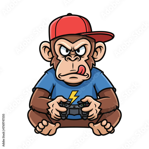 Cartoon Monkey Gamer with Red Cap and Controller