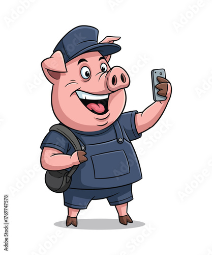 Cartoon Pig Taking a Selfie with a Smartphone