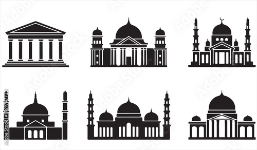 Minimalist building icon collection representing global landmarks and traditional architecture concepts