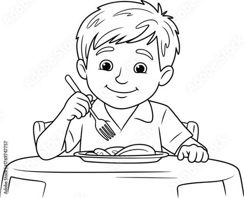 Smiling child eating food, cartoon boy with fork, black and white line art, mealtime illustration, healthy eating drawing for kids