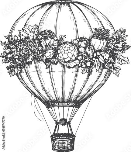 Hand-Drawn Vintage Hot Air Balloon with Fresh Market Produce Decoration