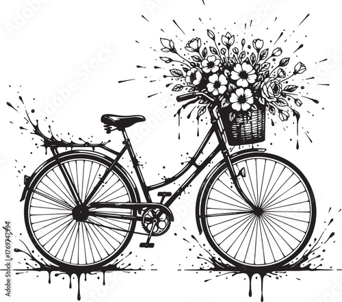 Vintage Bicycle with Basket of Flowers in Dynamic Ink Splatter Style