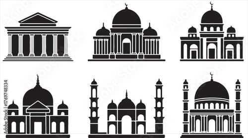Vector illustration of architectural monuments and temples in black silhouette style representing culture and heritage