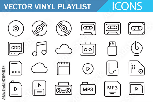 Vector media controls and playlist graphics — minimalist line icon set for UX libraries