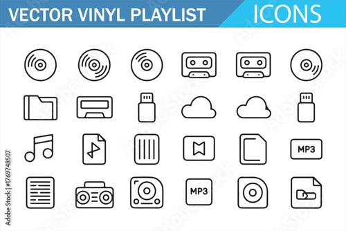 Vector line playlist icons set — vinyl record, cassette tape, music notes, player controls, cloud, file, and UI symbols — minimal outline pack for apps, web interfaces, and media design