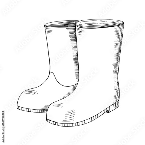 Rubber boots. Vector ink styled handmade illustration. For packaging design, cards, cover, prints, product labels and fabric.