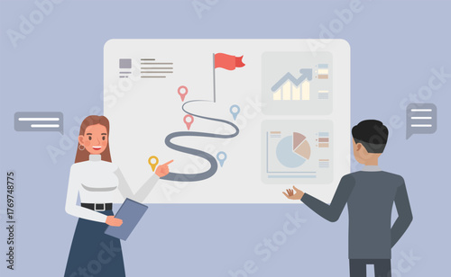 Business team pointing at big map with milestones, strategy planning flat character vector illustration design.