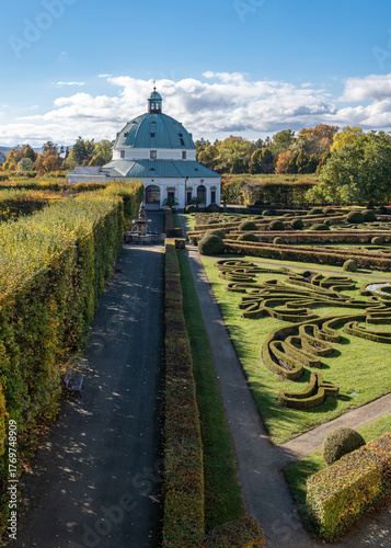 Aerial View of Baroque Flower Garden and Rotunda in Kromeriz, Czech Republic