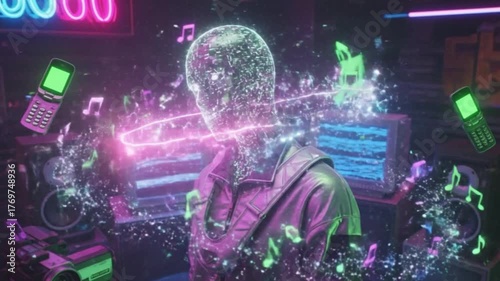 Glowing Digital Spirit Mixing Cybernetic Music in a Retro Rave Setting with Vintage Flip Phones and CRT Screens