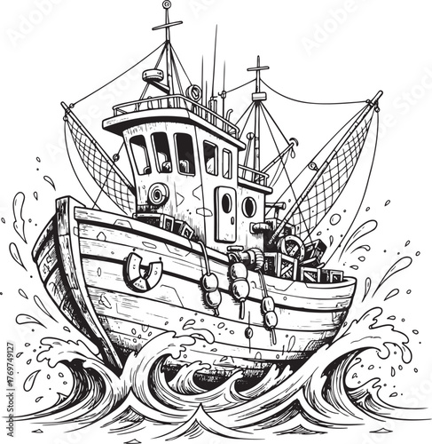 Monochrome Illustration of a Classic Trawler Boat on Rough Sea Waves