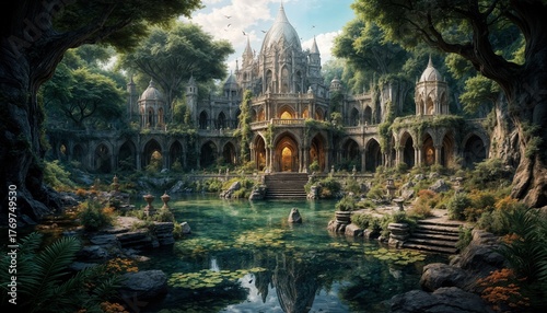A magical castle is shown nestled in a lush forest at dawn, illuminated by warm lights. A winding river flows peacefully in the foreground, creating a serene atmosphere.