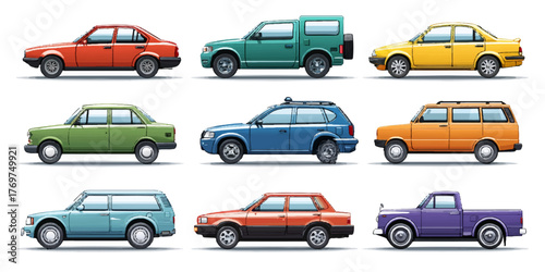 Various colorful vintage and modern cars, trucks, and suvs, diverse vehicle types set