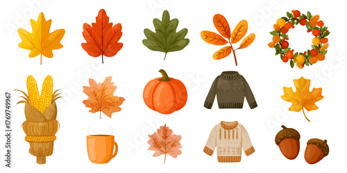 Vibrant autumn season collection featuring colorful fall leaves, pumpkin, warm sweaters, cornucopia, acorns, and festive wreath