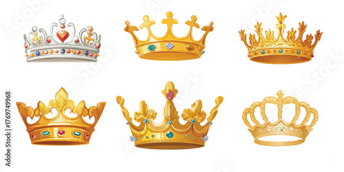 Diverse collection of golden royal crowns and ornate tiaras, symbolizing monarchy, success, leadership, power, and achievement.