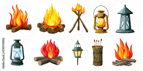 Outdoor camping essentials collection: campfires, various lanterns, torches and arrows.