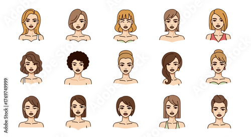 A diverse collection of fifteen stylized female avatars, each showcasing a unique hairstyle and facial features, presented against a stark black background, representing a spectrum of beauty and
