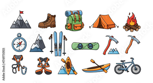 Collection of vibrant cartoon-style outdoor adventure and extreme sports equipment icons, including mountains, hiking boots, backpack, tent, campfire, compass, skis, snowboard, ice axes, climbing