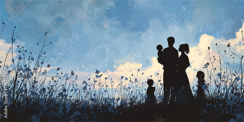 Silhouette of a family with children in a field of flowers against a dramatic sky