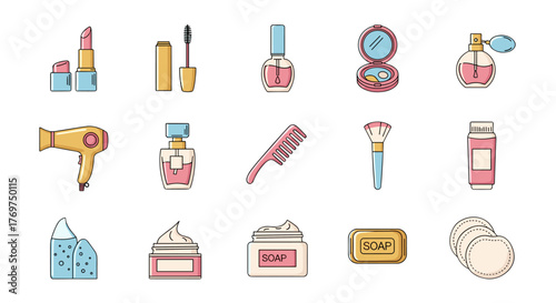 A vibrant collection of flat design icons representing essential beauty and personal care products, including lipstick, mascara, nail polish, powder compact, perfume, hairdryer, comb, makeup brush