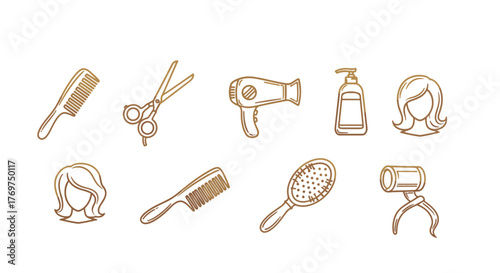 Set of golden line art icons representing hairdressing and beauty salon tools and accessories, including combs, scissors, a hairdryer, a shampoo dispenser, hair curlers, and stylized female
