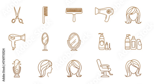 Golden outline icons set for hair salon and beauty services, including scissors, comb, hair dryer, mirrors, hair products, barber chair, and stylized female hairstyles, representing professional