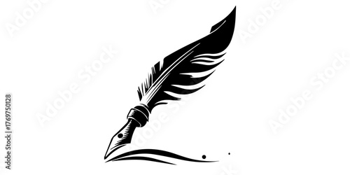 Elegant black quill pen creating flowing ink lines on a white background