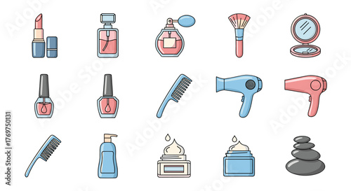 A vibrant collection of beauty and personal care icons, featuring a lipstick, perfume bottles, nail polish, makeup brushes, compact mirror, hair dryers, combs, lotion dispenser, creams, and spa