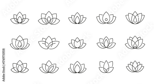 Collection of 15 minimalist line art lotus flower icons and symbols, presented in a clean, modern, and elegant white outline style against a stark black background, perfect for branding, wellness