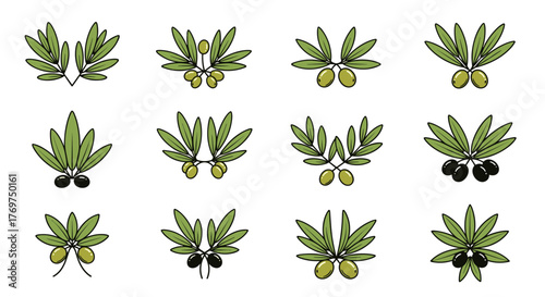 Collection of twelve stylized olive branch icons, featuring both green and black olives, presented on a black background, perfect for culinary, health, or decorative design elements.