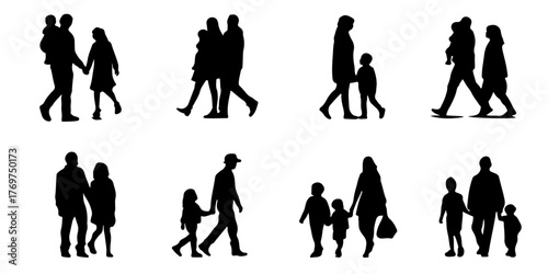 Collection of silhouette figures of families and couples walking together on white background