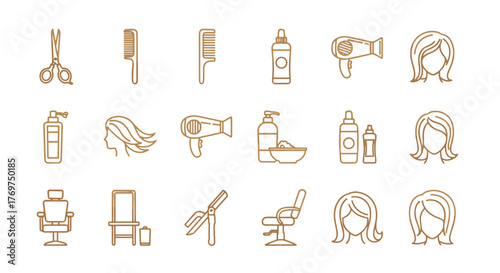 Golden outline icons set for a hair salon, including scissors, combs, hair dryers, styling bottles, barber chairs, and stylized female hairstyles, perfect for beauty and grooming branding, presented