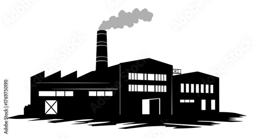 Stylized illustration of an industrial factory with a tall smokestack emitting a plume of grey smoke against a stark black background, representing manufacturing and industry.