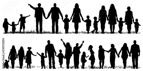 Diverse family silhouettes holding hands across generations on grassy field