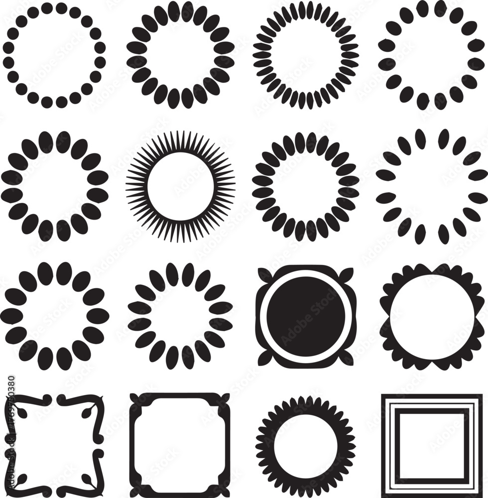 Fototapeta premium Collection of sixteen black graphic design elements and frames on white background abstract circle