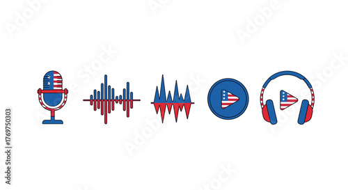 A vibrant collection of audio and media icons, featuring a retro microphone, two distinct sound wave visualizations, a play button, and headphones, all rendered in a striking red, white, and blue