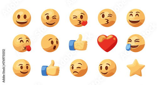 Collection of 3D rendered emojis and icons including a smiling face, winking face, kissing face with heart, thumbs up, red heart, face with tongue out, surprised face, laughing face with tongue out