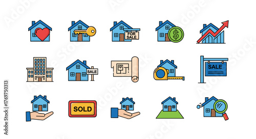 Collection of Flat Icons Representing Real Estate Transactions and Property Management, Including Houses, Buildings, Keys, Sale Signs, Sold Signs, Blueprints, Measuring Tapes, Magnifying Glasses, and