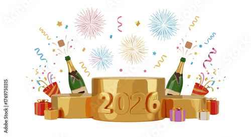 Celebrate the arrival of the New Year 2026 with a dazzling display of fireworks, popping champagne bottles, confetti, party poppers, and gift boxes, all set against a festive black background