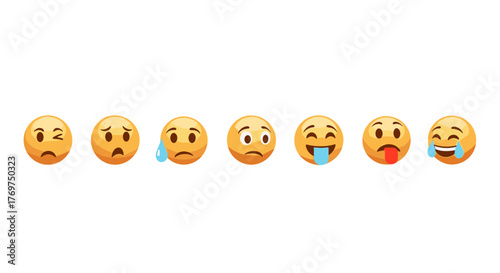 A horizontal line of seven distinct yellow emoji faces on a black background, showcasing a spectrum of emotions from sadness and worry to silliness and extreme joy, perfect for illustrating feelings