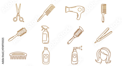 Golden outline icons of hairdressing tools and accessories on a black background, including scissors, combs, hair dryer, brushes, spray bottles, flat iron, and a woman's hairstyle, representing