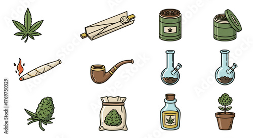 Collection of stylized cannabis-related icons, including a marijuana leaf, a joint, a pipe, a bong, a grinder, a bag of weed, a bottle of oil, and a potted plant, all on a black background