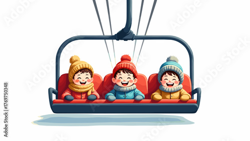 Three cheerful children on ski lift wearing warm hats and scarves on snowy day concept of childhood joy and winter adventure