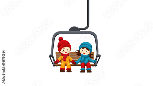 Two smiling children on ski lift wearing colorful winter clothes holding hands concept of friendship and childhood joy