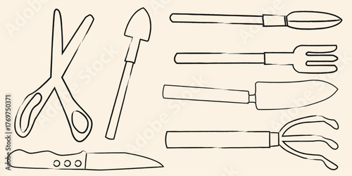 Agriculture hand tools line art vectors