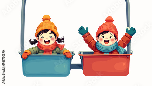 Excited children on ski lift waving hands in winter clothes against white snowy background concept of fun outdoor activity