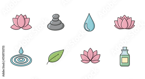 Set of eight flat design icons representing spa and wellness elements, including pink lotus flowers, stacked gray stones, a water droplet, ripples, a green leaf, and a bottle of essential oil, all on