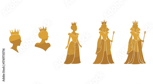 Golden silhouettes of female royalty, including a young princess and mature queens adorned with crowns and regal gowns, some holding scepters, presented against a stark black background, symbolizing