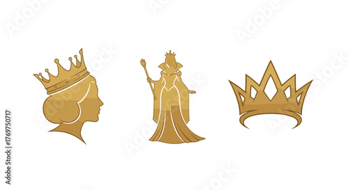 Golden regal icons set featuring a queen's profile with a crown, a full-body queen holding a scepter, and a royal crown, all rendered in a luxurious metallic gold finish against a stark black