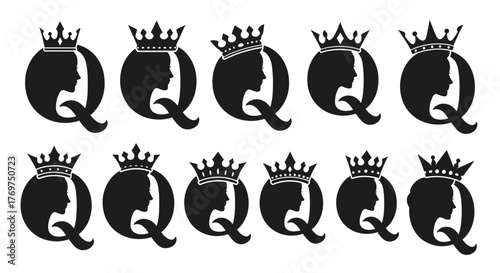 Set of ten black silhouette icons depicting the letter Q stylized as a queen's profile wearing a crown, arranged in two rows of five, perfect for royalty, fashion, or branding themes, isolated on a